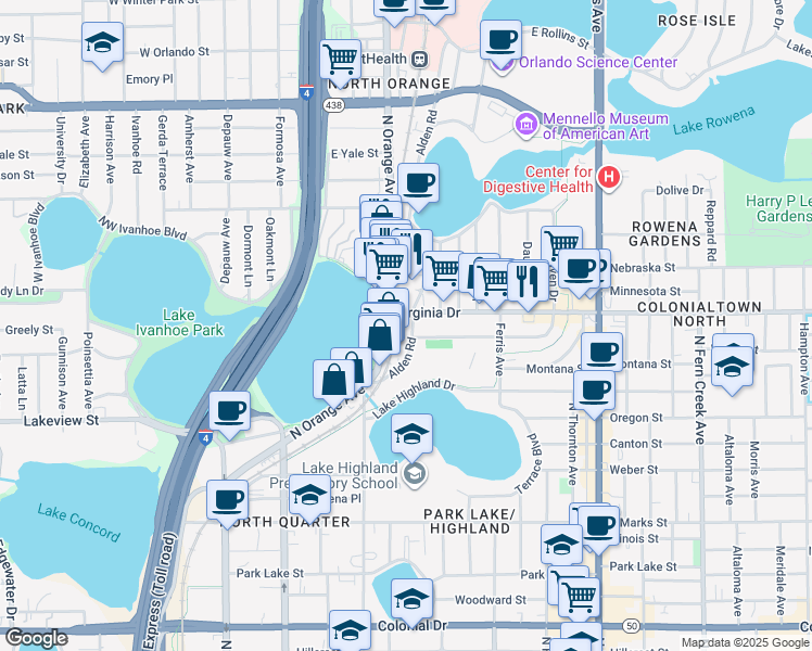map of restaurants, bars, coffee shops, grocery stores, and more near 1220 Alden Rd in Orlando