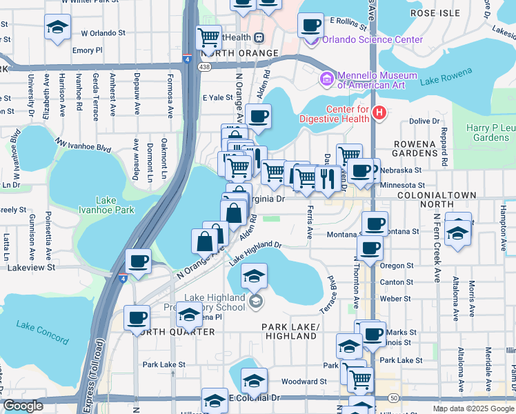 map of restaurants, bars, coffee shops, grocery stores, and more near 1220 Alden Rd in Orlando