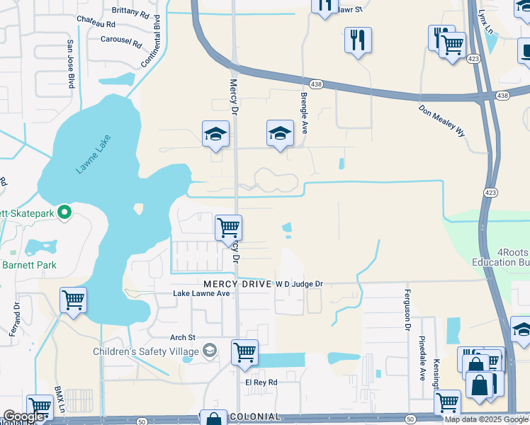 map of restaurants, bars, coffee shops, grocery stores, and more near 1625 Mercy Drive in Orlando