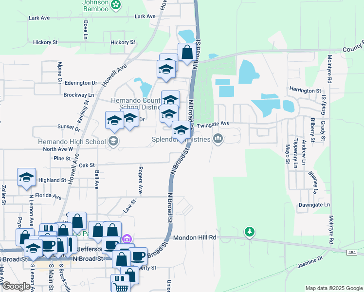 map of restaurants, bars, coffee shops, grocery stores, and more near 801 North Broad Street in Brooksville