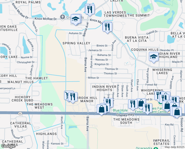 map of restaurants, bars, coffee shops, grocery stores, and more near 1785 Thomas Street in Titusville