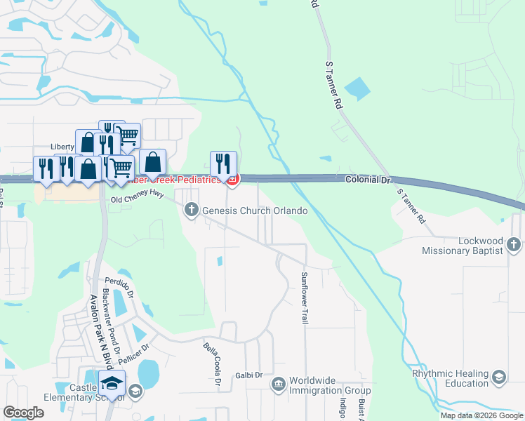 map of restaurants, bars, coffee shops, grocery stores, and more near 1601 Semon Drive in Orlando