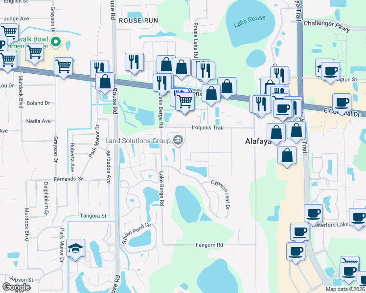 map of restaurants, bars, coffee shops, grocery stores, and more near 1325 Silverthorn Drive in Orlando