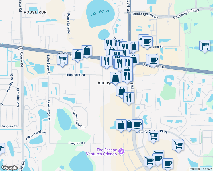 map of restaurants, bars, coffee shops, grocery stores, and more near 1435 Oberry Hoover Road in Orlando