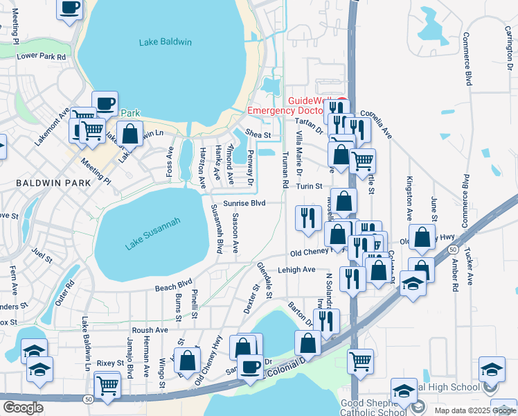 map of restaurants, bars, coffee shops, grocery stores, and more near 1343 Sasoon Avenue in Orlando