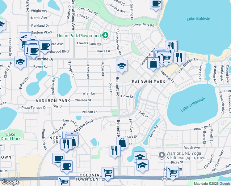 map of restaurants, bars, coffee shops, grocery stores, and more near 1121 Dove Drive in Orlando
