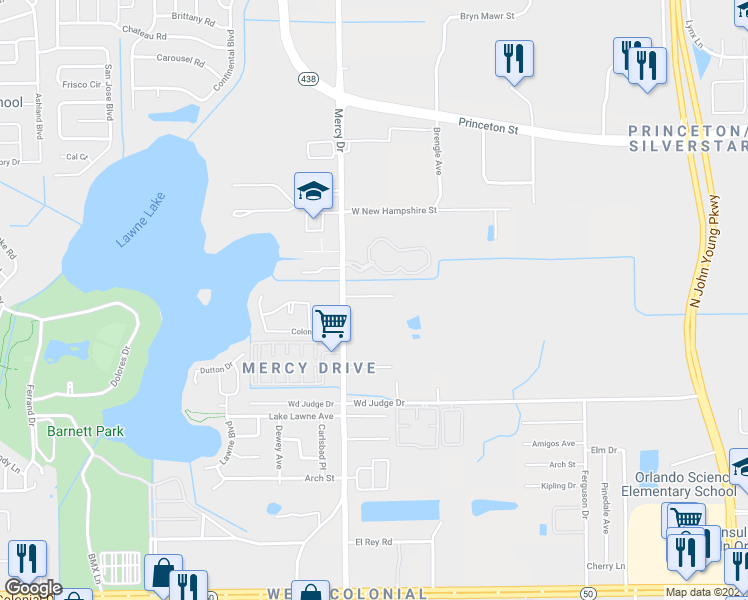 map of restaurants, bars, coffee shops, grocery stores, and more near 1605 Mercy Drive in Orlando