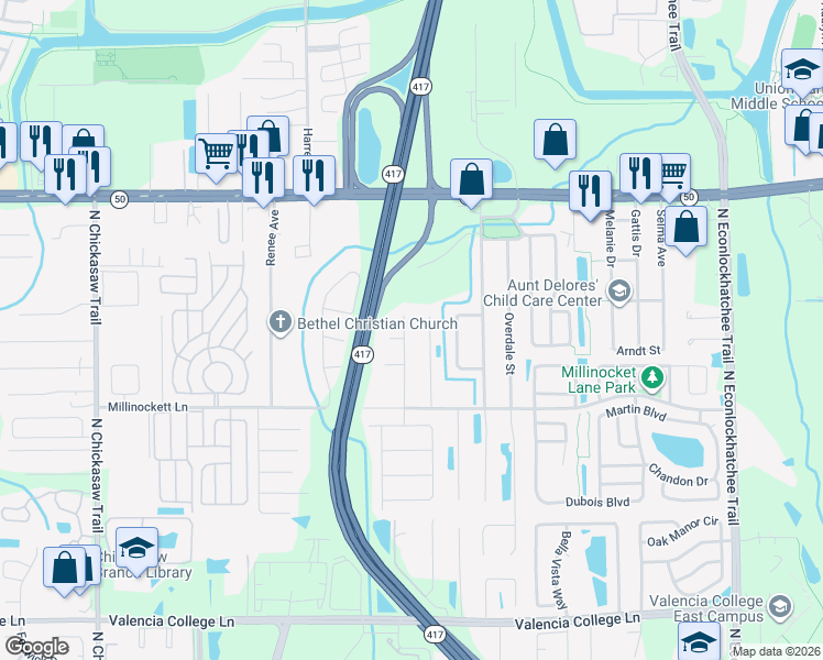 map of restaurants, bars, coffee shops, grocery stores, and more near 1227 Spring Lite Way in Orlando