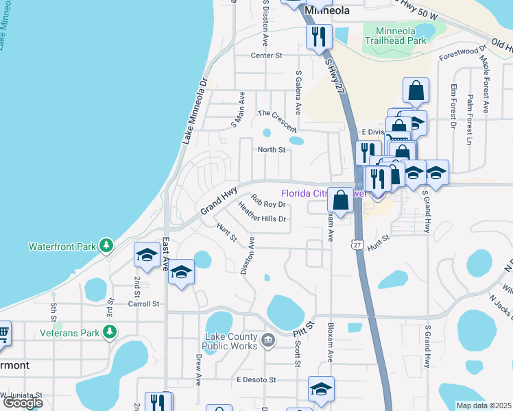 map of restaurants, bars, coffee shops, grocery stores, and more near 385 Rob Roy Drive in Clermont