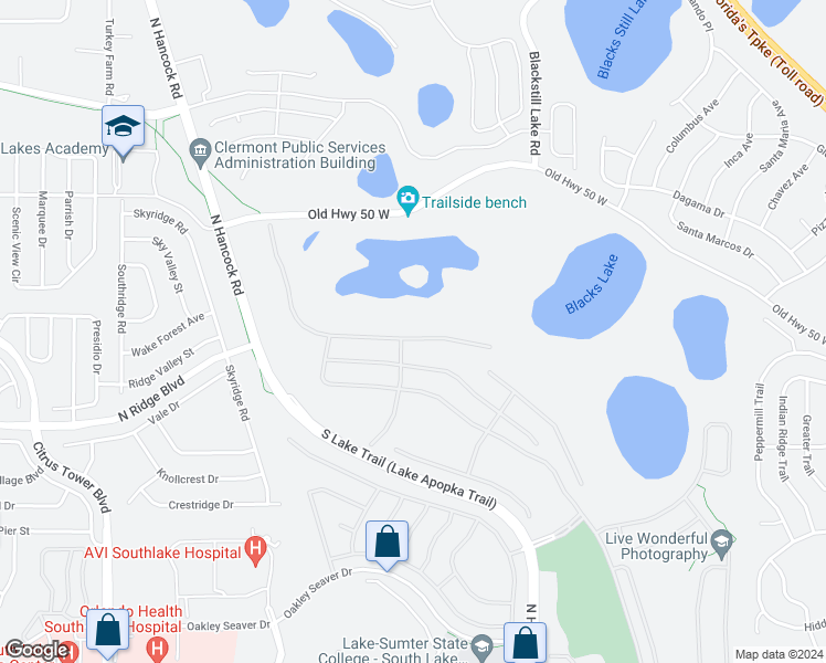 map of restaurants, bars, coffee shops, grocery stores, and more near 2362 Caledonian Street in Clermont