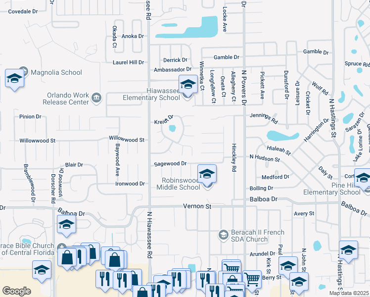 map of restaurants, bars, coffee shops, grocery stores, and more near 6572 Magee Court in Orlando