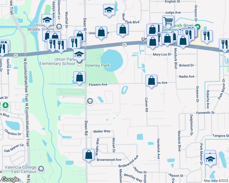 map of restaurants, bars, coffee shops, grocery stores, and more near 10118 Flowers Avenue in Orlando