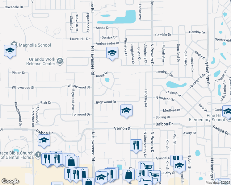 map of restaurants, bars, coffee shops, grocery stores, and more near 6572 Magee Court in Orlando