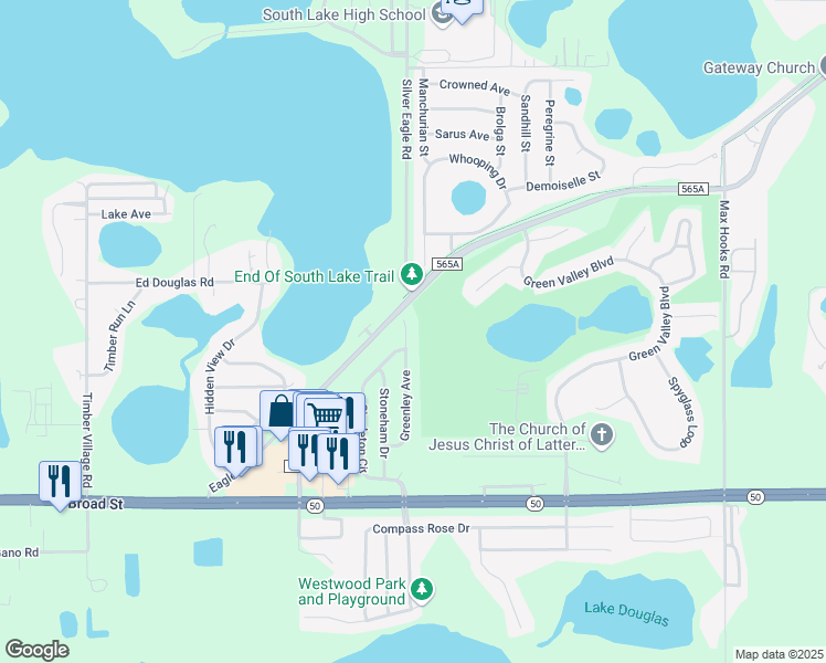 map of restaurants, bars, coffee shops, grocery stores, and more near 1279 Greenley Avenue in Groveland