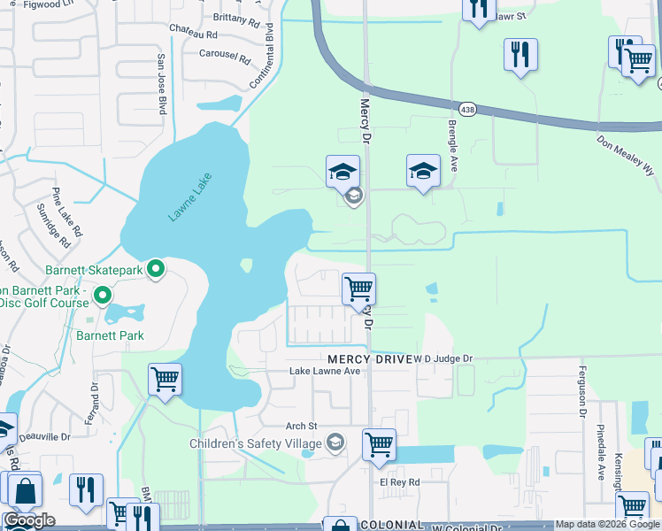 map of restaurants, bars, coffee shops, grocery stores, and more near 1704 Mercy Drive in Orlando