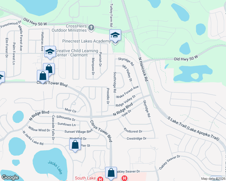 map of restaurants, bars, coffee shops, grocery stores, and more near 536 Southridge Road in Clermont