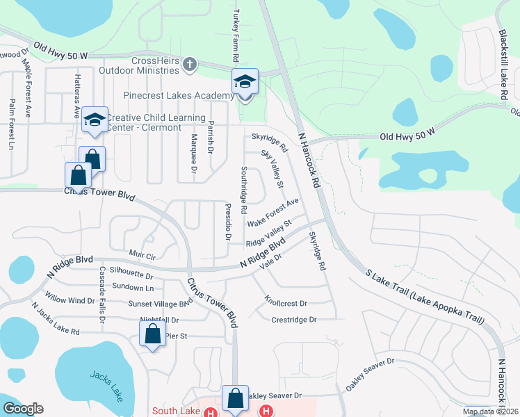 map of restaurants, bars, coffee shops, grocery stores, and more near 1819 Valley Ridge Loop in Clermont