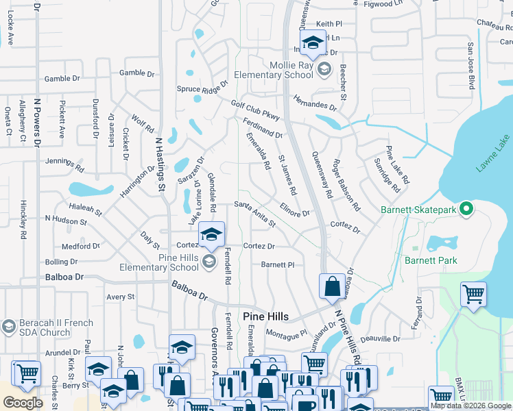map of restaurants, bars, coffee shops, grocery stores, and more near 1236 Elinore Drive in Orlando