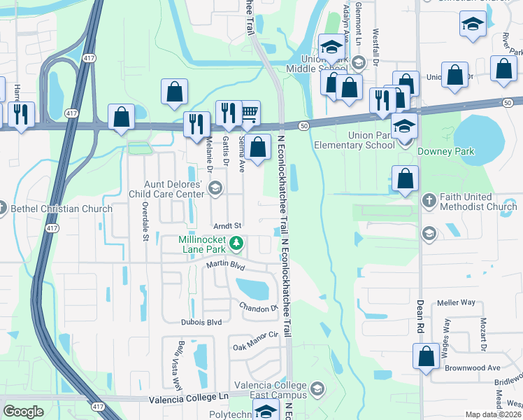 map of restaurants, bars, coffee shops, grocery stores, and more near 9509 Rosewalk Court in Orlando