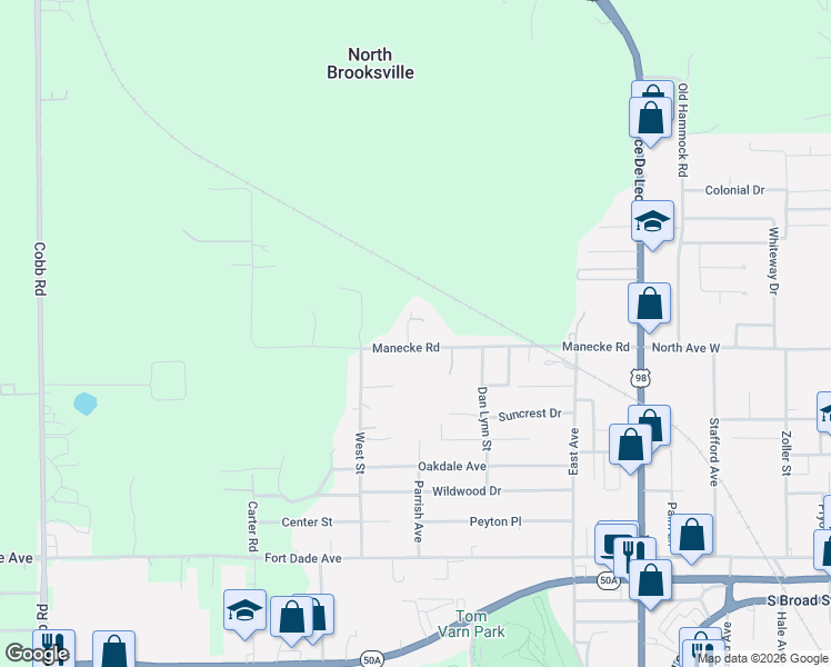 map of restaurants, bars, coffee shops, grocery stores, and more near 19957 Manecke Road in Brooksville