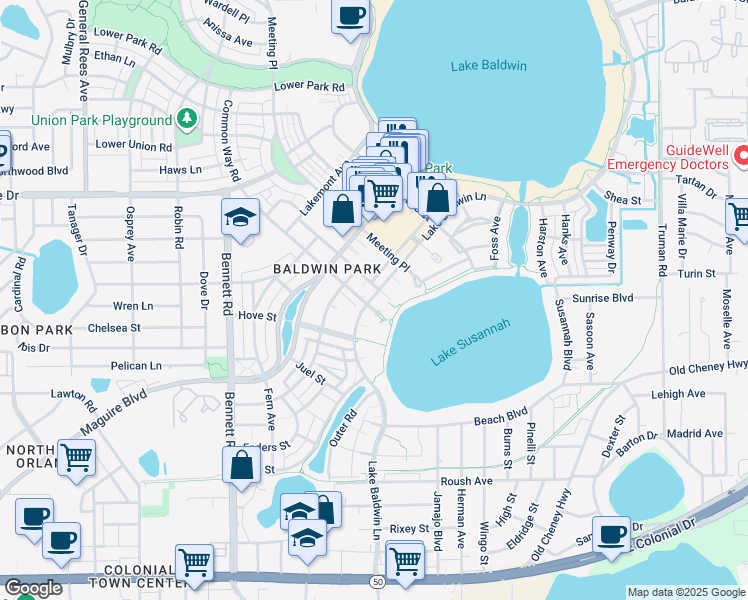 map of restaurants, bars, coffee shops, grocery stores, and more near 1308 Lake Baldwin Lane in Orlando