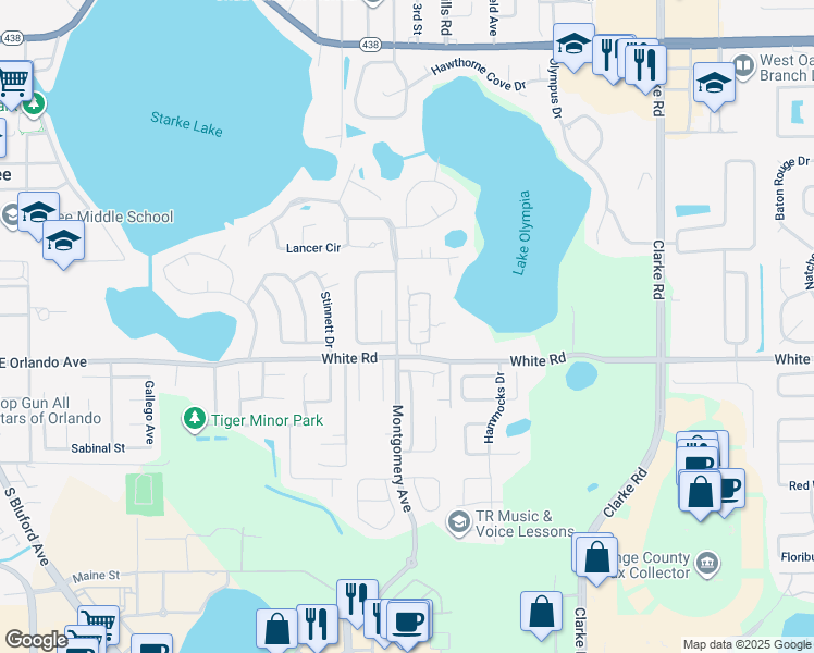 map of restaurants, bars, coffee shops, grocery stores, and more near 360 Kaila Court in Ocoee