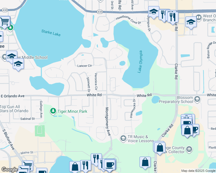 map of restaurants, bars, coffee shops, grocery stores, and more near 360 Kaila Court in Ocoee