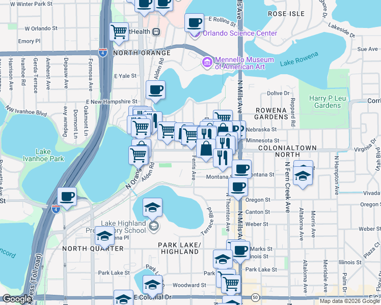 map of restaurants, bars, coffee shops, grocery stores, and more near 1411 Asher Lane in Orlando