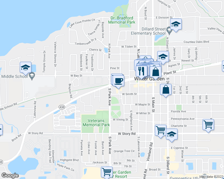 map of restaurants, bars, coffee shops, grocery stores, and more near 19 South Park Avenue in Winter Garden