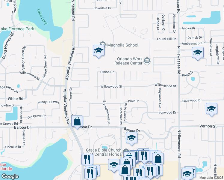 map of restaurants, bars, coffee shops, grocery stores, and more near 1849 Columbine Drive in Orlando