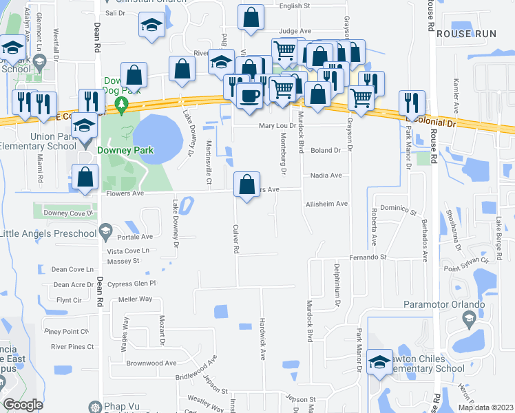 map of restaurants, bars, coffee shops, grocery stores, and more near 10434 Flowers Avenue in Orlando
