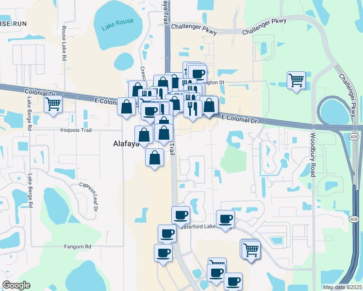 map of restaurants, bars, coffee shops, grocery stores, and more near 1501 North Alafaya Trail in Orlando