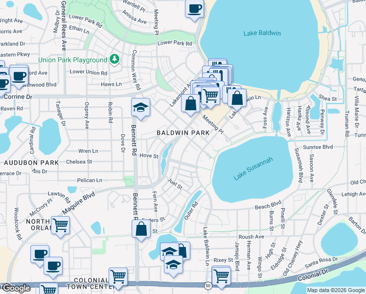 map of restaurants, bars, coffee shops, grocery stores, and more near in Orlando