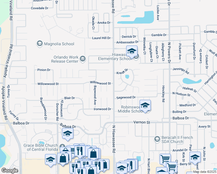 map of restaurants, bars, coffee shops, grocery stores, and more near 7009 Willowwood Street in Orlando
