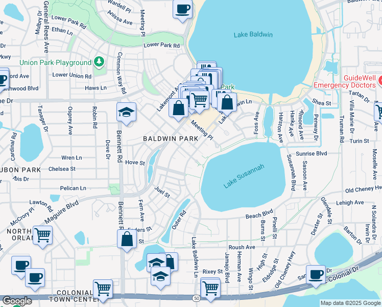 map of restaurants, bars, coffee shops, grocery stores, and more near 1308-1316 Lake Baldwin Lane in Orlando