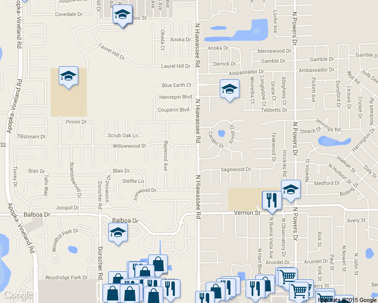 map of restaurants, bars, coffee shops, grocery stores, and more near 7009 Willowwood Street in Orlando