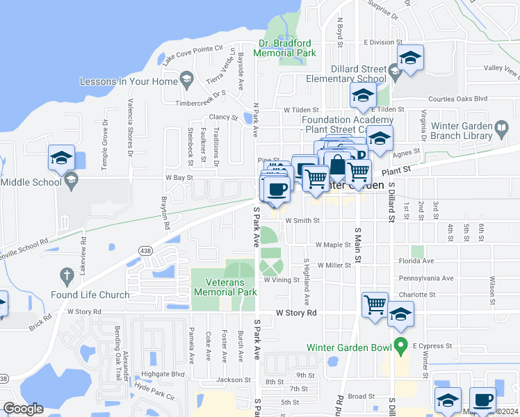 map of restaurants, bars, coffee shops, grocery stores, and more near 446 West Plant Street in Winter Garden