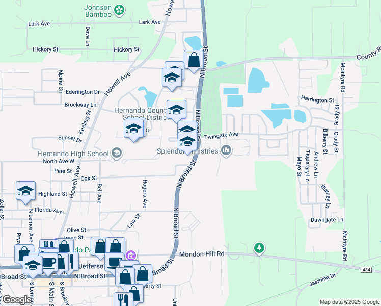 map of restaurants, bars, coffee shops, grocery stores, and more near 801 North Broad Street in Brooksville
