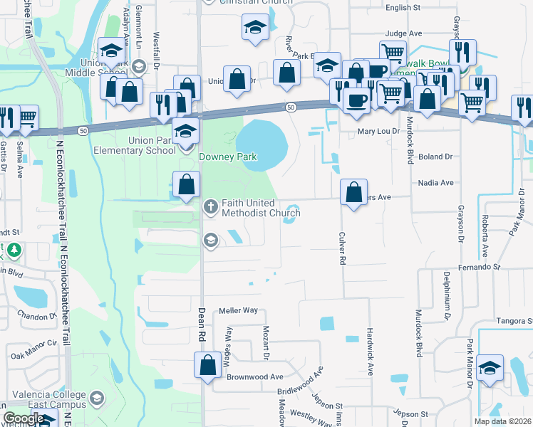 map of restaurants, bars, coffee shops, grocery stores, and more near 10118 Flowers Avenue in Orlando