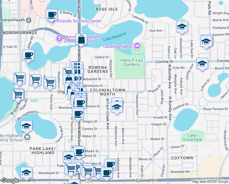 map of restaurants, bars, coffee shops, grocery stores, and more near in Orlando