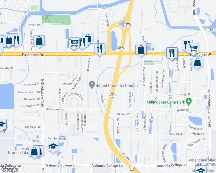 map of restaurants, bars, coffee shops, grocery stores, and more near 8636 Drayton Court in Orlando