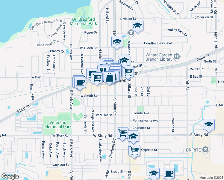 map of restaurants, bars, coffee shops, grocery stores, and more near 117 South Boyd Street in Winter Garden