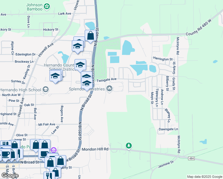 map of restaurants, bars, coffee shops, grocery stores, and more near 1102 Tory Court in Brooksville