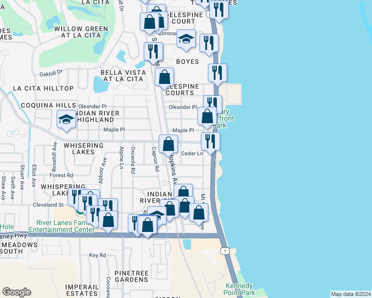 map of restaurants, bars, coffee shops, grocery stores, and more near 225 Knox McRae Drive in Titusville