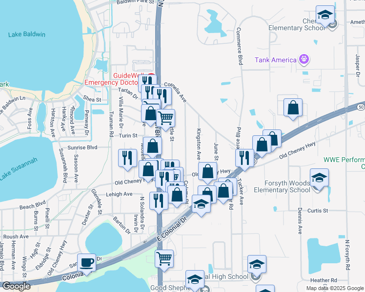 map of restaurants, bars, coffee shops, grocery stores, and more near 1318 Coletta Drive in Orlando