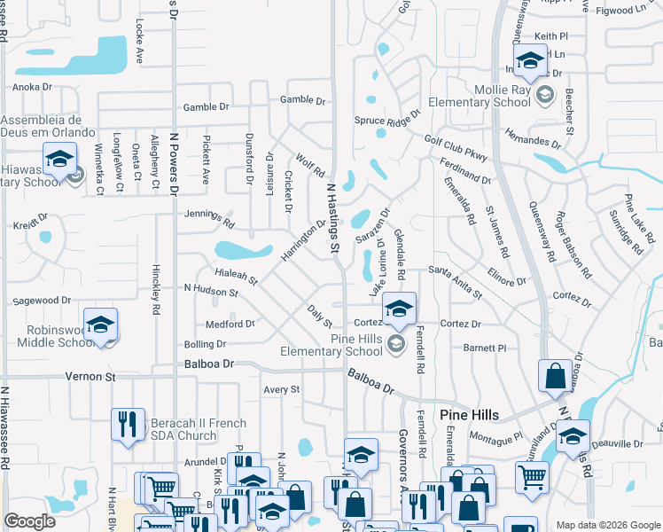 map of restaurants, bars, coffee shops, grocery stores, and more near 5805 Laconia Road in Orlando