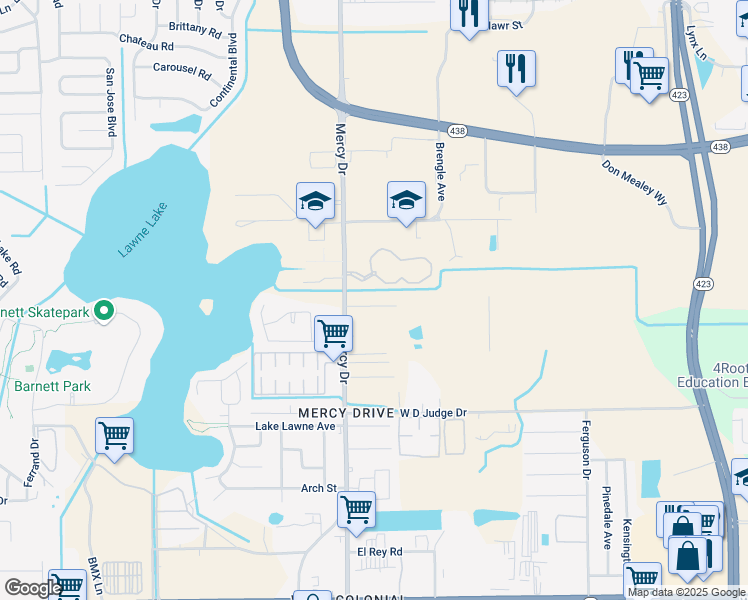 map of restaurants, bars, coffee shops, grocery stores, and more near 1663 Mercy Drive in Orlando