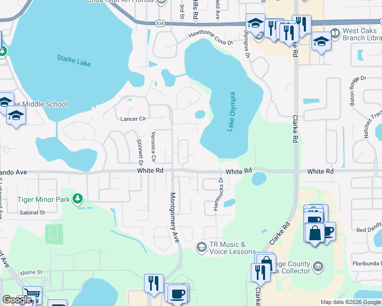 map of restaurants, bars, coffee shops, grocery stores, and more near 634 Olympic Drive in Ocoee