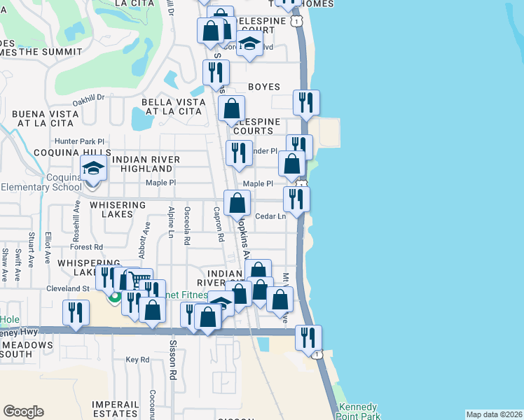 map of restaurants, bars, coffee shops, grocery stores, and more near 257 Knox McRae Drive in Titusville