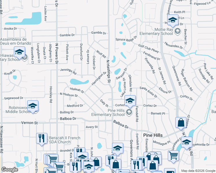 map of restaurants, bars, coffee shops, grocery stores, and more near 5805 Laconia Road in Orlando
